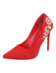 LD shoes Σουέτ γυναικείες γόβες με κέντημα - Κόκκινες 0668