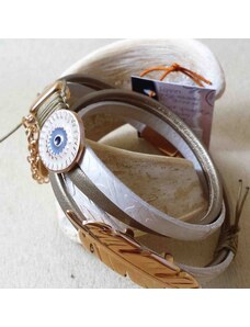 Modati Βραχιόλι White Engraved Leather Feather & Boho Eye