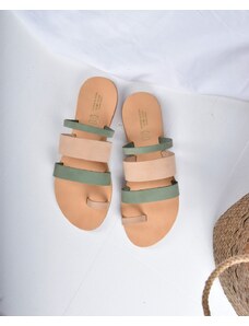 LOVEFASHIONPOINT Sandals Flat Γυναικεία Πράσινα-Μπεζ Δερμάτινα