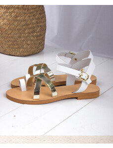 LOVEFASHIONPOINT Sandals Flat Γυναικεία Λευκά-Χρυσά Δερμάτινα