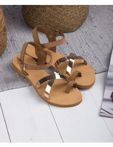 LOVEFASHIONPOINT Sandals Flat Γυναικεία Κάμελ-Χαλκό Δερμάτινα