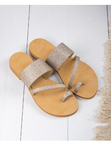 LOVEFASHIONPOINT Sandals Flat Γυναικεία Χρυσά με Glitter Δερμάτινα