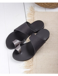 LOVEFASHIONPOINT Sandals Flat Γυναικεία Μαύρα-Ατσάλι Δερμάτινα