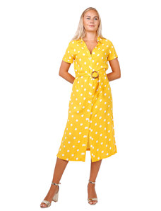 LIKEASTAR Κίτρινο πουά μίντι πουκαμισο-φόρεμα με ζώνη