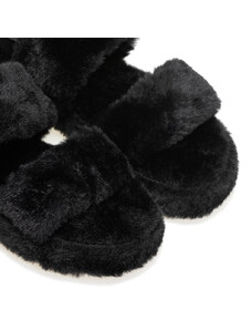 TSOUKALAS Παντόφλες μαύρες γούνινες με διπλή φάσα και λάστιχο