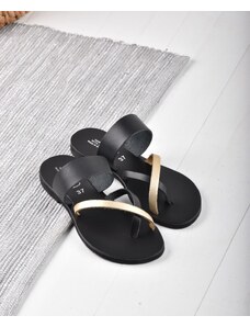 LOVEFASHIONPOINT Sandals Flat Γυναικεία Μαύρα-Χρυσά Δερμάτινα