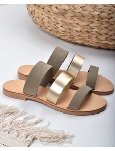 LOVEFASHIONPOINT Sandals Flat Γυναικεία Λαδί-Χρυσά Δερμάτινα