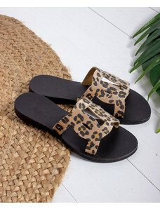 LOVEFASHIONPOINT Sandals Flat Γυναικεία Καφέ-Λεοπάρ Δερμάτινα
