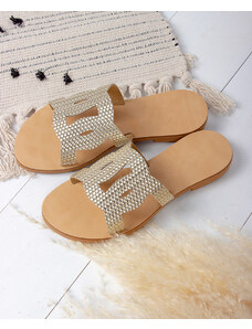 LOVEFASHIONPOINT Sandals Flat Γυναικεία Χρυσά Δερμάτινα