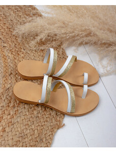 LOVEFASHIONPOINT Sandals Flat Γυναικεία Λευκά-Χρυσά Δερμάτινα