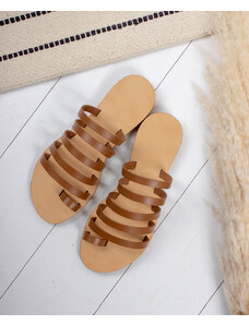 LOVEFASHIONPOINT Sandals Flat Γυναικεία Κάμελ Δερματίνη