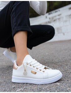 INSHOES Γυναικεία sneakers σε απλή γραμμή με διακοσμητική αλυσίδα Λευκό/Σαμπανί