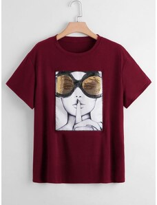OEM Plus size Μπλούζα με στάμπα γυαλιά με πούλιες bordeaux