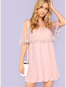 OEM Κομψό ροζ κοντό φόρεμα με δαντέλα στα μανίκια pink