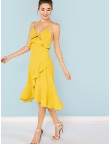 OEM Χαριτωμένο ασύμμετρο κίτρινο φόρεμα με δέσιμο στο στήθος yellow
