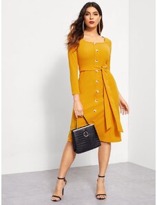 OEM Κομψό μουσταρδί φόρεμα με δέσιμο στη μέση και κουμπιά mustard