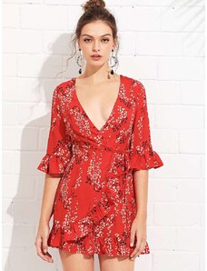 OEM Ασύμμετρο κόκκινο κοντό φόρεμα με λουλούδια red