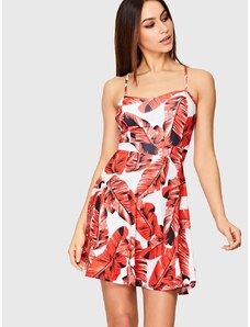 OEM Λευκό κοντό φόρεμα με τροπικό μοτίβο red