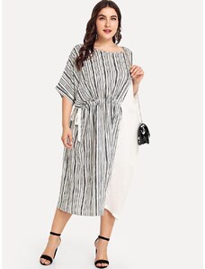 OEM Plus size, μακρύ ριγέ casual φόρεμα σε λευκό-γκρι grey