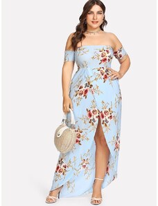 OEM Plus size, μακρύ φλοράλ φόρεμα με έξω τους ώμους και σκίσιμο στο πλάι σε γαλάζιο χρώμα floral