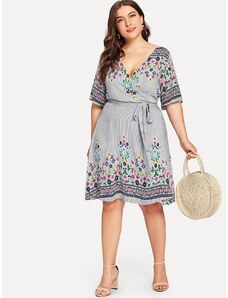 OEM Plus size, όμορφο κοντό φόρεμα με δέσιμο στη μέση και μπόχο κεντήματα grey