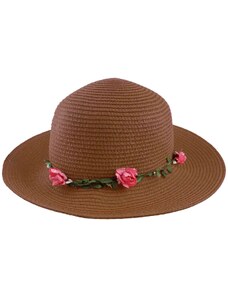OEM Ψάθινο καπέλο με λουλούδια στεφάνι cappucino