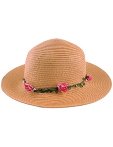 OEM Ψάθινο καπέλο με λουλούδια στεφάνι caramel