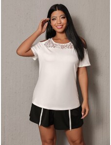 OEM Plus size, Λευκό κοντομάνικο μπλουζάκι με δαντέλα και άνοιγμα στους ώμους white