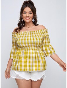 OEM Plus size, Κίτρινο καρό μπλουζάκι με έξω τους ώμους yellow