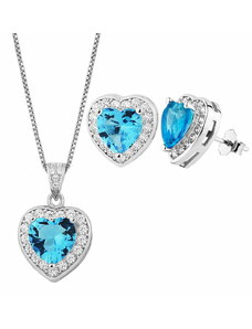 Theros Jewels Σετ ροζέτα Καρδιά γαλάζια Aquamarine από ασήμι 925° κολιέ σκουλαρίκια