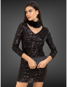 Petra Store Φόρεμα μαύρο εφαρμοστό με μακρύ μανίκι και παγιέτα