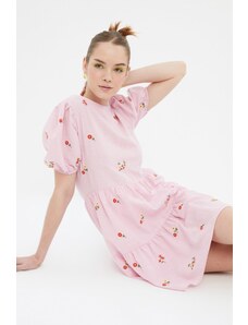 Trendyol ροζ ευθεία κοπή μίνι υφαντό φόδρα φλοράλ κέντημα υφαμένο φόρεμα