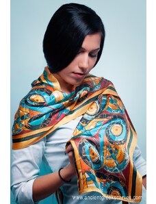 Ancient Greek Scarves Golden silk scarf with blue designs