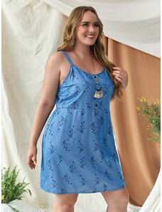 OEM Plus size, Μπλε μίνι φόρεμα με λουλούδια blue