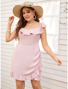 OEM Plus size, Όμορφο ροζ φόρεμα με βολάν pink