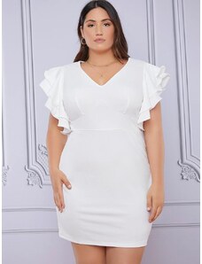 OEM Plus size, Άσπρο κολλητο φόρεμα με ruffles στα μανίκια white