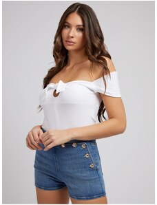 Λευκό Γυναικείο Ribbed Cropped T-Shirt με Φιόγκο Guess Valeriana - Γυναικεία