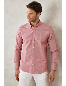 AC&Co / Altınyıldız Classics Men's Red Slim Fit Slim-fit Oxford Buttoned Collar Gingham Cotton Shirt.