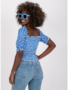 Fashionhunters Μπλε βισκόζη κοντή μπλούζα με στάμπα RUE PARIS