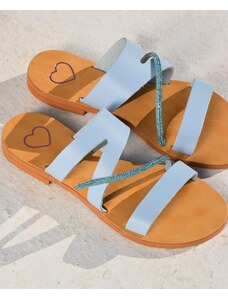 LOVEFASHIONPOINT Sandals Flat Γυναικεία Γαλάζια Δερμάτινα
