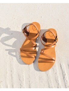 LOVEFASHIONPOINT Sandals Flat Γυναικεία Κάμελ Δερμάτινα