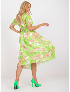 Fashionhunters Μπεζ και πράσινο μίντι φόρεμα με πολύχρωμα σχέδια