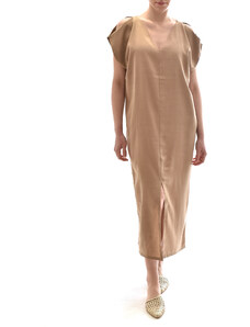 AGGEL KNITWEAR Aggel V-Neck Sleeved Cutout Dress-Tan