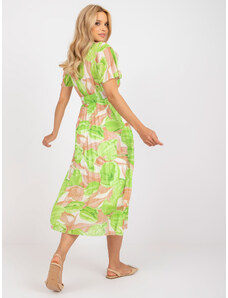 Fashionhunters Μπεζ και πράσινο μίντι φόρεμα με πτυχώσεις