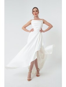 Lafaba Γυναικεία Λευκά Βολάν και Σχισμή Σατέν Βραδινό Φόρεμα Φόρεμα Αποφοίτησης