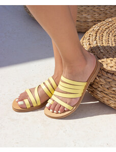 LOVEFASHIONPOINT Sandals Flat Γυναικεία Κίτρινα Δερμάτινα