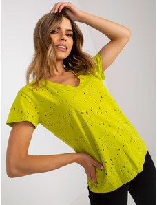 Fashionhunters T-shirt από βαμβάκι lime με τρύπες