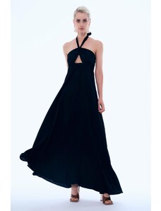 Φόρεμα μακρύ μαύρο με δέσιμο στο λαιμό, άνοιγμα στο στήθος