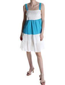 LIKEASTAR Βαμβακερό φόρεμα με σφηκοφωλιά - Τυρκουάζ