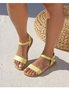 LOVEFASHIONPOINT Sandals Flat Γυναικεία Κίτρινα Δερμάτινα